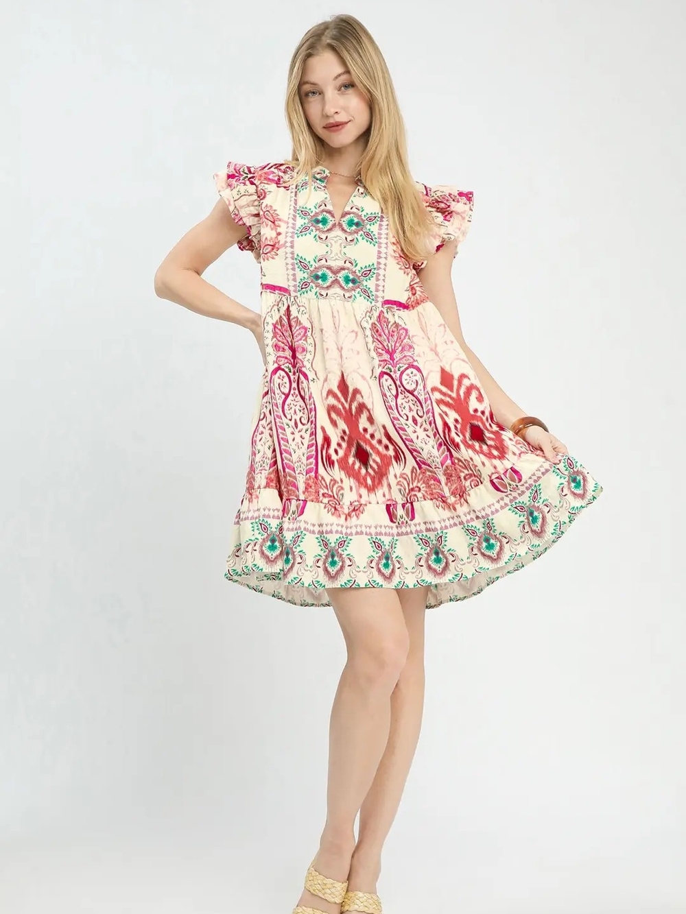 Umgee Mix Ruffle Sleeve Boho Print Dress - Picture 3 of 7